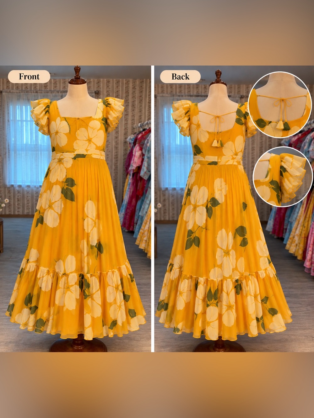 Yellow Floral Square-Neck Midi Dress by Petals&Pleats boutique by Madhuri